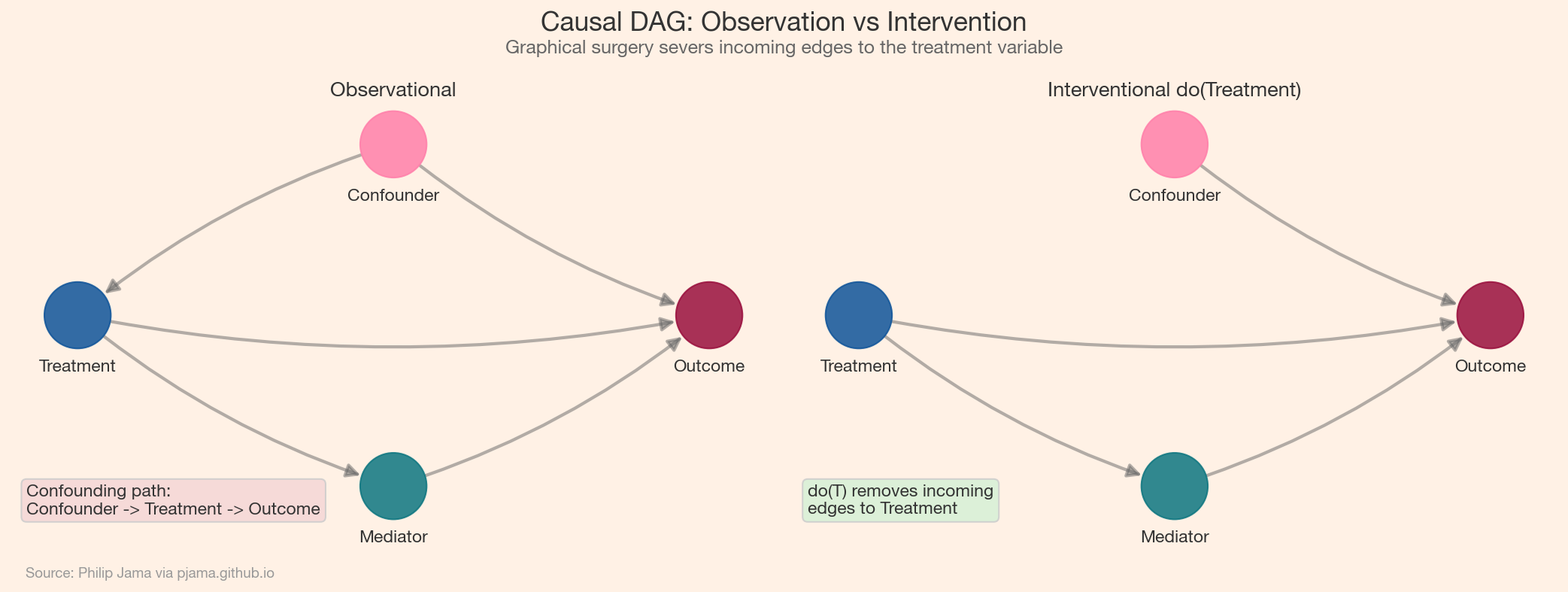 Causal DAG showing observational vs. interventional graph with blocked paths
